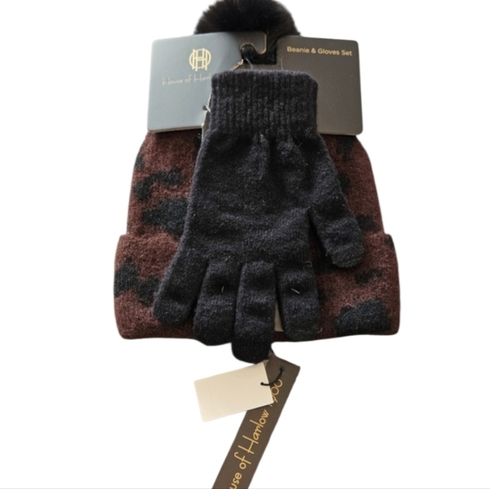 NWT House of Harlow 1960 Black and Brown Animal Print Hat & Black Glove Set